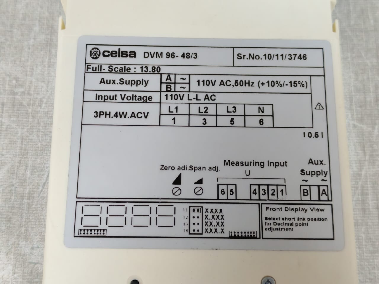 CELSA DVM-96 CELSA DVM 96-48/3 DIGITAL PANEL METERS 110VAC 6