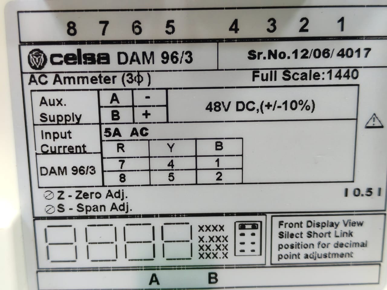CELSA DAM 96/3 CELSA DAM 96/3 AC AMMETER 48VDC 10