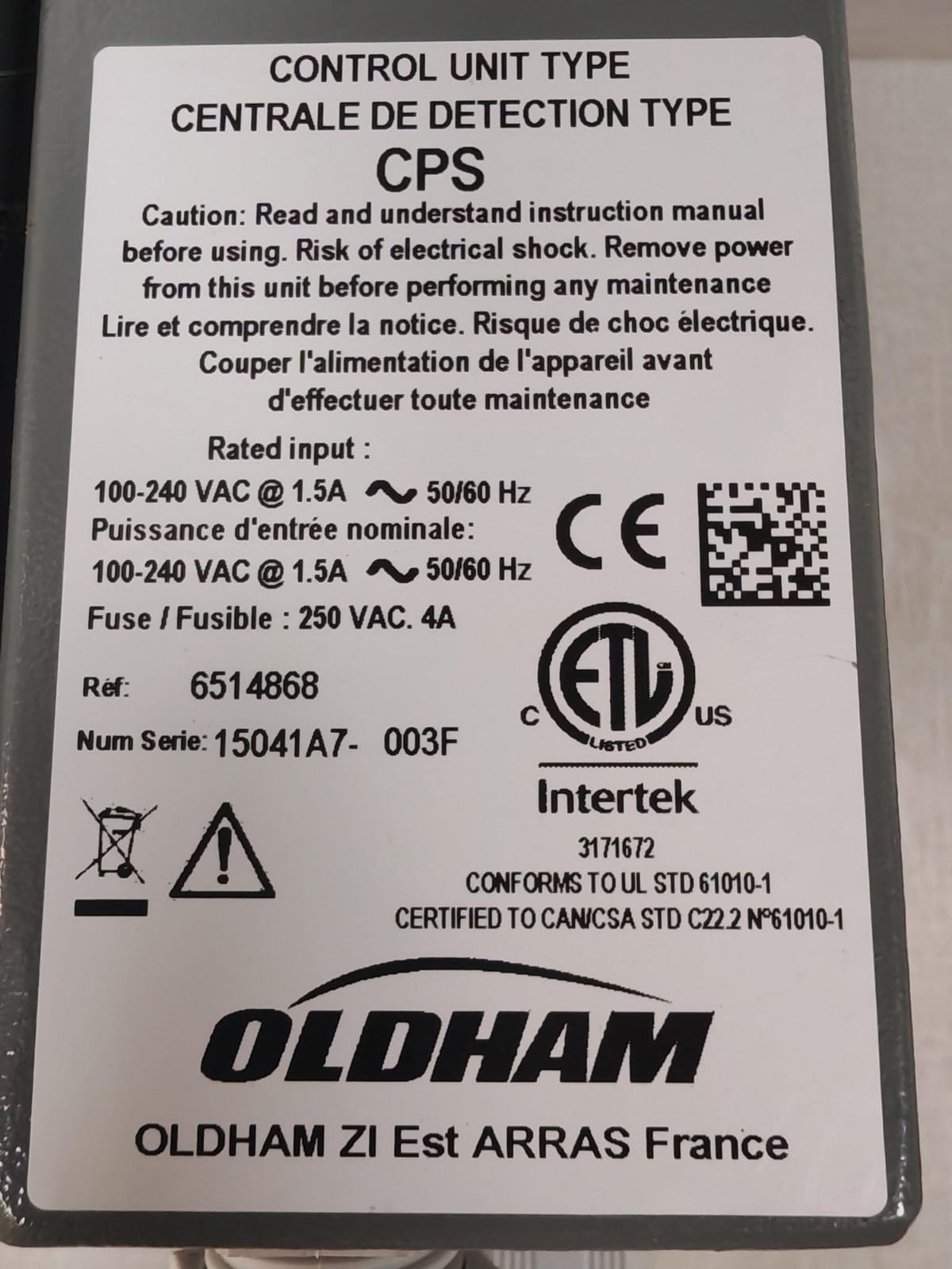 OLDHAM CPS 6514868 OLDHAM CPS 6514868 CONTROL UNIT TYPE 100-240VAC 9