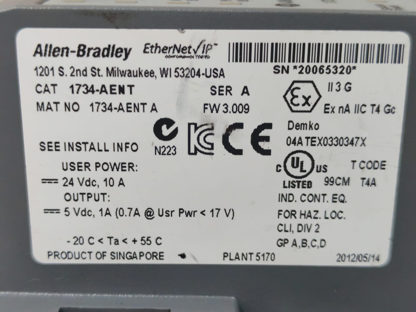 Allen-Bradley 1734-AENT A SER.A F/W3.009 ALLEN BRADLEY 1734-AENT / 1734-AENT A SER.A F/W3.009 ETHERNET NETWORK ADAPTER 10