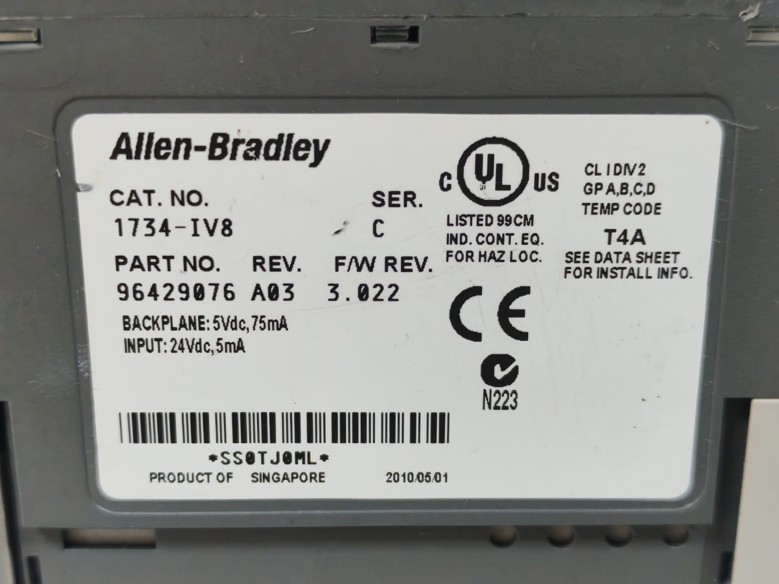 ALLEN BRADLEY 96429076 REV.A03 F/W 3.022 ALLEN BRADLEY 1734-IV8 96429076 REV.A03 F/W 3.022 SOURCE INPUT 24VDC 5