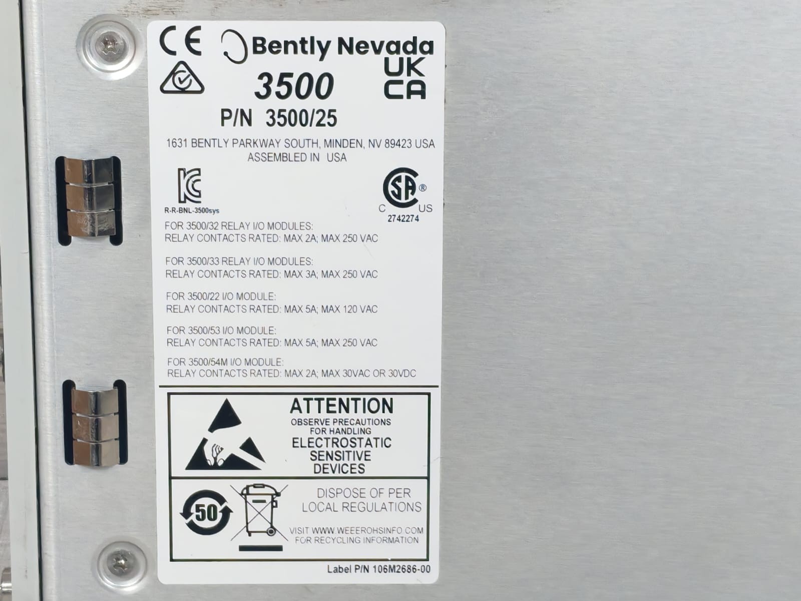 Bently Nevada PWA 184684-01U/ Module 149369-01 Bently Nevada 3500/25 Enhanced Keyphasor Module PWA 184684-01U/ Module 149369-01 3