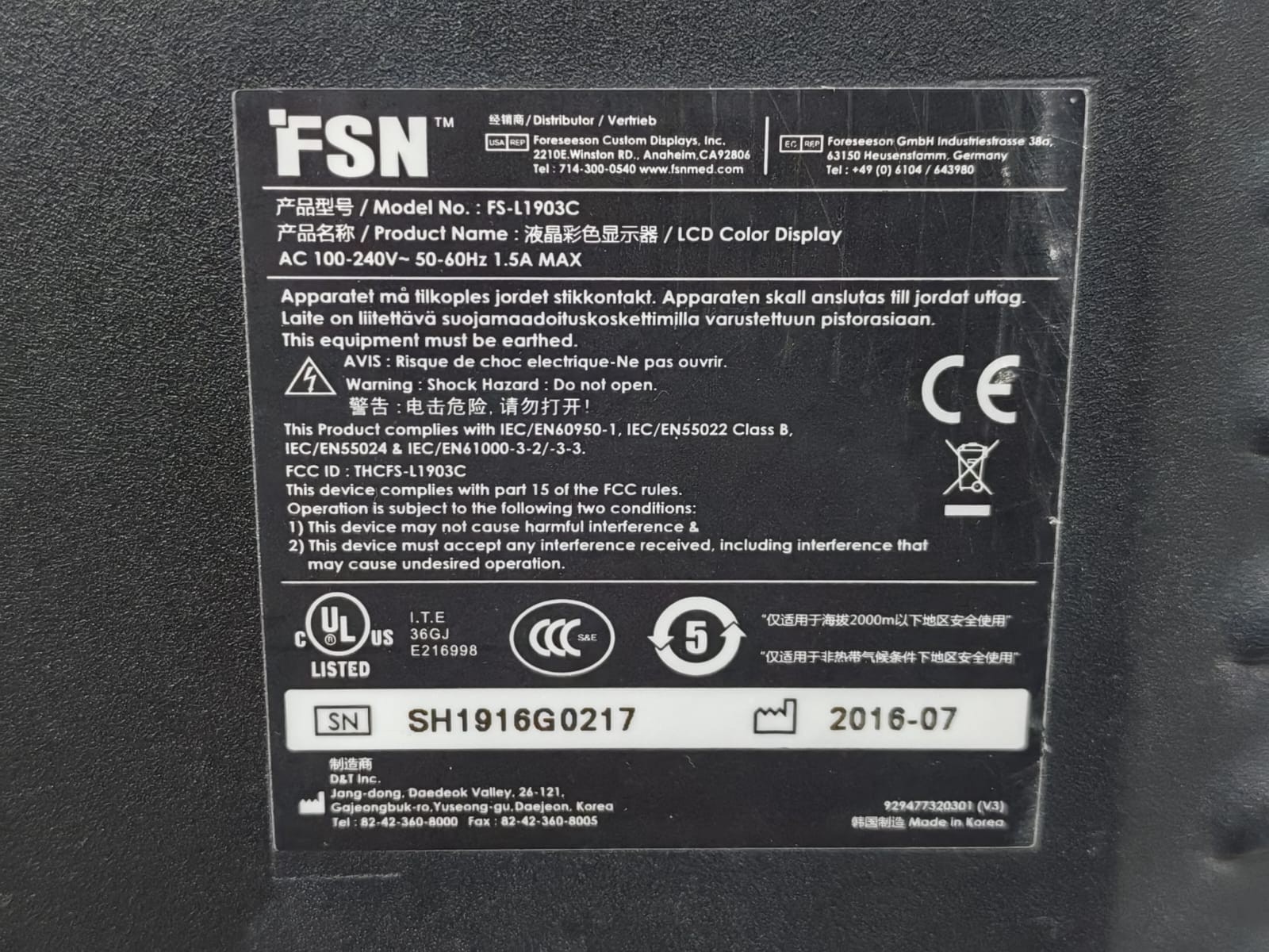 SMITHS DETECTION FS-L1903C SMITHS DETECTION LCD COLOR MONITOR FS-L1903C AC 100-240V 10