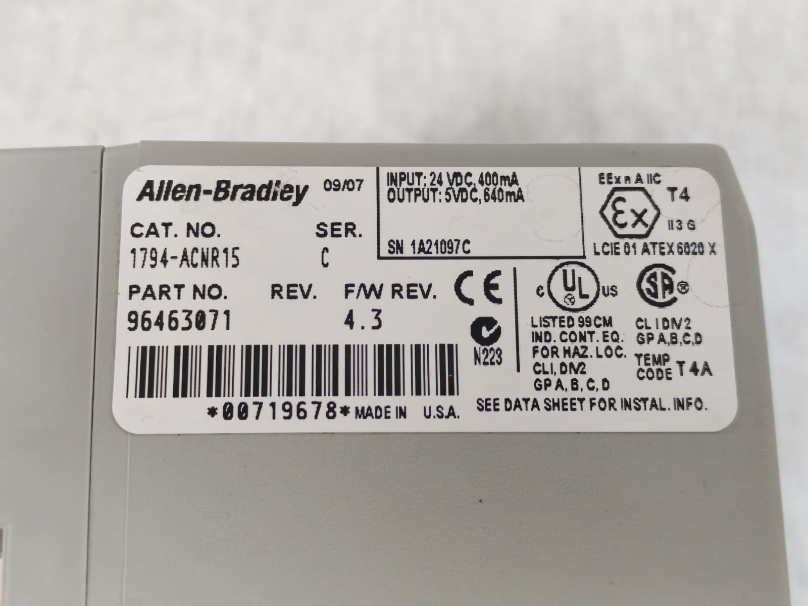 Allen-Bradley 96463071 SER.C F/W REV 4.3 ALLEN BRADLEY 1794-ACNR15 96463071 CONTROLNET REDUNDANT ADAPTER- W/O ORIG.BOX 8