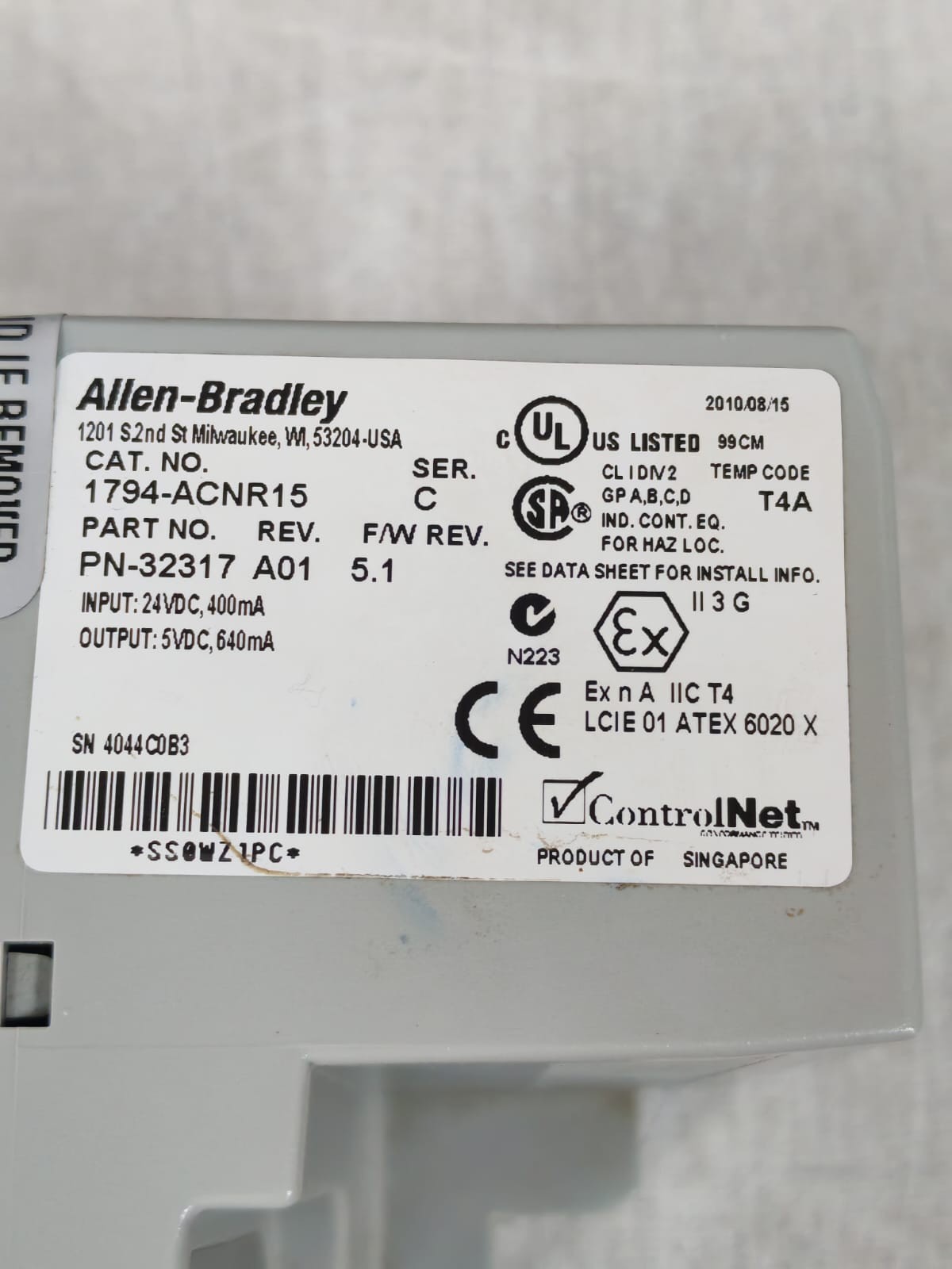 Rockwell Automation 1794-ACNR15 ALLEN BRADLEY 1794-ACNR15 PN-32317 CONTROLNET REDUNDANT ADAPTER- W/O ORIG.BOX 6