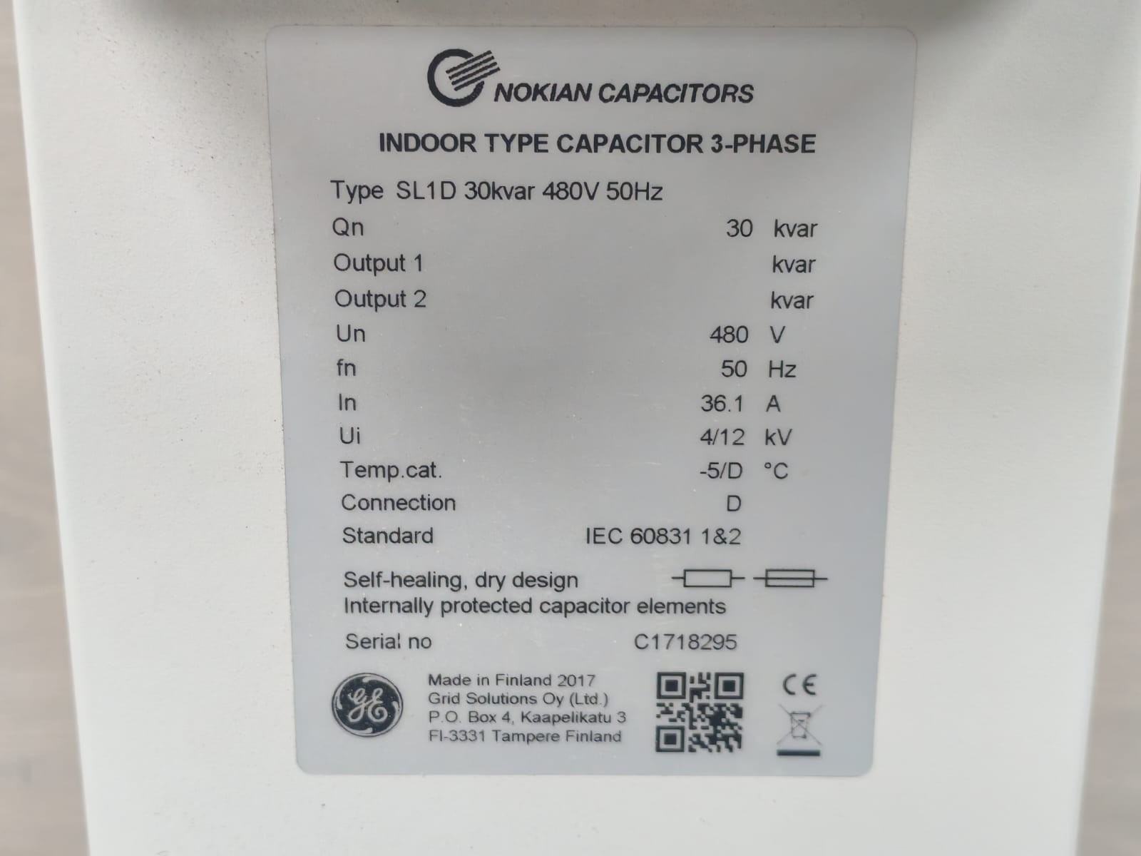 GE NOKIAN SL1D 30KVAR GE NOKIAN SL1D 30KVAR 480V 50HZ INDOOR TYPE CAPACITOR 3-PHASE 4