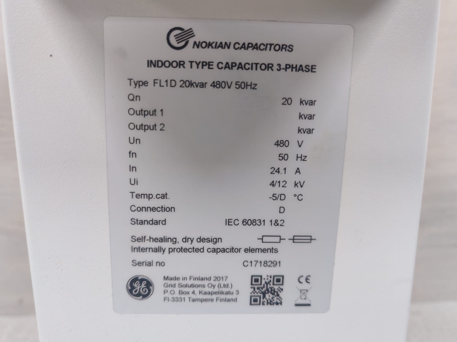 GE NOKIAN FL1D 20KVAR GE NOKIAN FL1D 20KVAR 480V 50HZ INDOOR TYPE CAPACITOR 3-PHASE 2