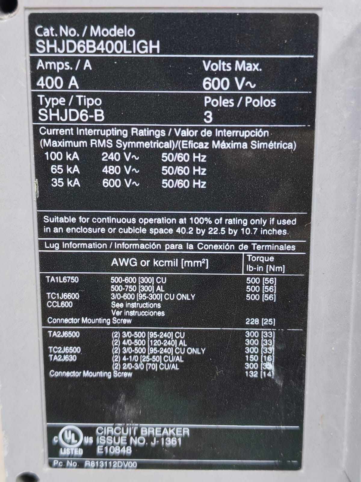 Siemens SHJD6-B / SHJD6B400LIGH SIEMENS SHJD6-B / SHJD6B400LIGH 400A 600V SENSITRIP IV CIRCUIT BREAKER 4