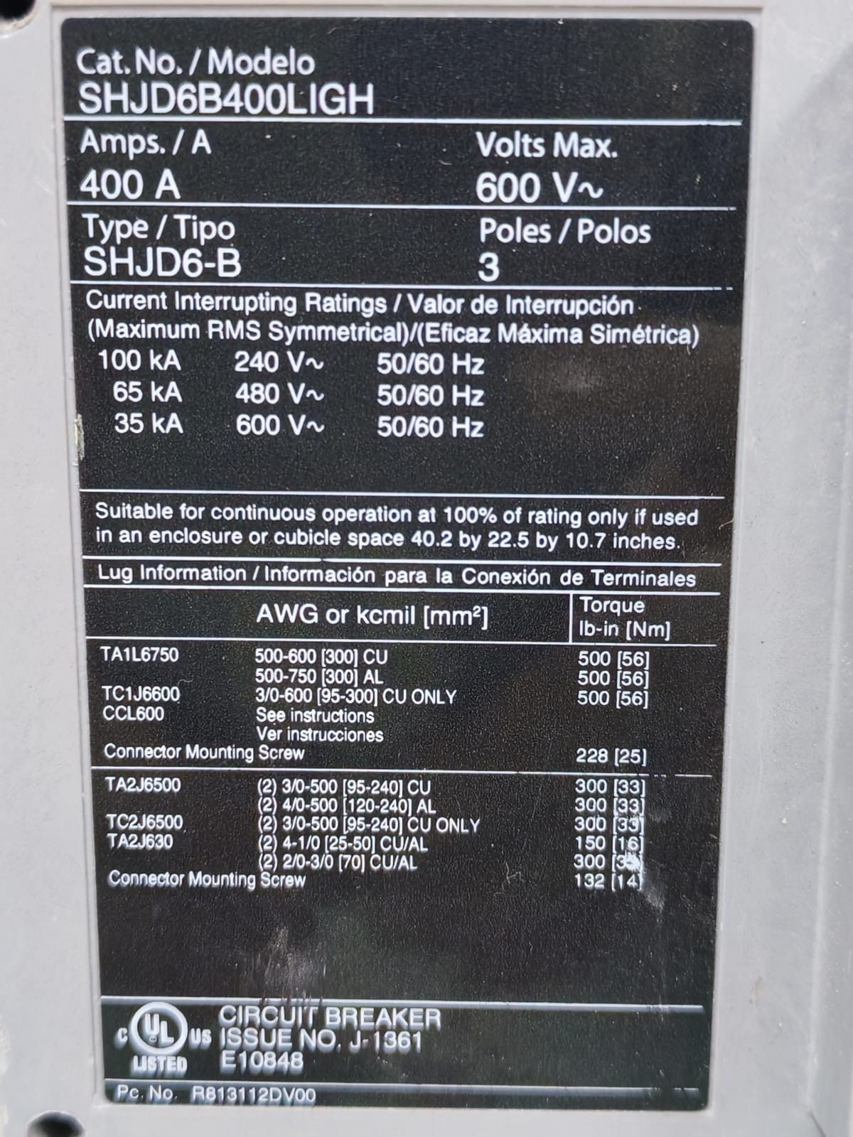 Siemens SHJD6-B / SHJD6B400LIGH SIEMENS SHJD6-B / SHJD6B400LIGH 400A 600V SENSITRIP IV CIRCUIT BREAKER 8