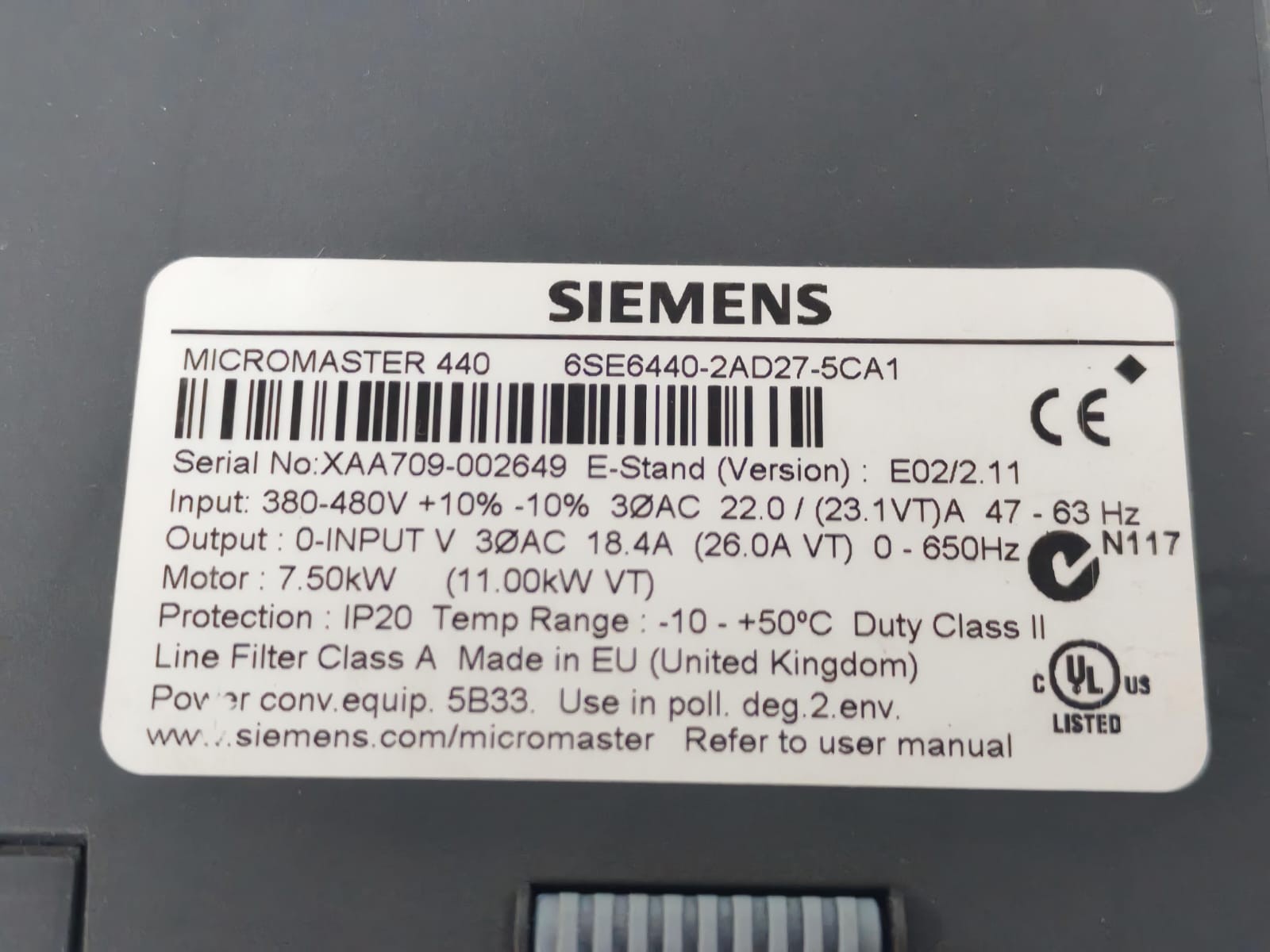 Siemens 6SE6440-2AD27-5CA1 SIEMENS 6SE6440-2AD27-5CA1 MICROMASTER 440 380-480V- W/ O BOX 8