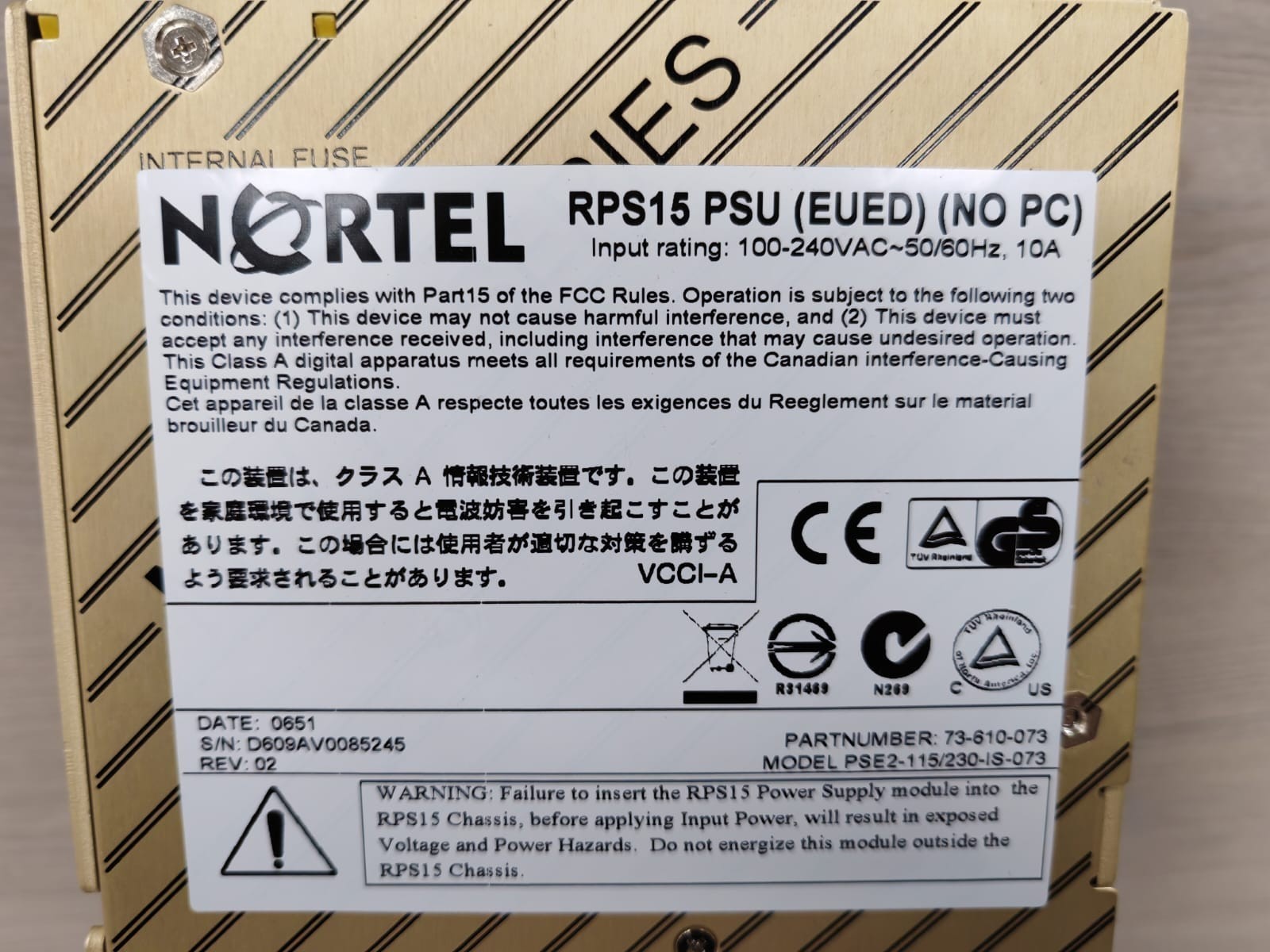 NORTEL PSU-73 NORTEL RPS15 PSU 73-610-073 / MP6-3W-00 POWER SUPPLY 7