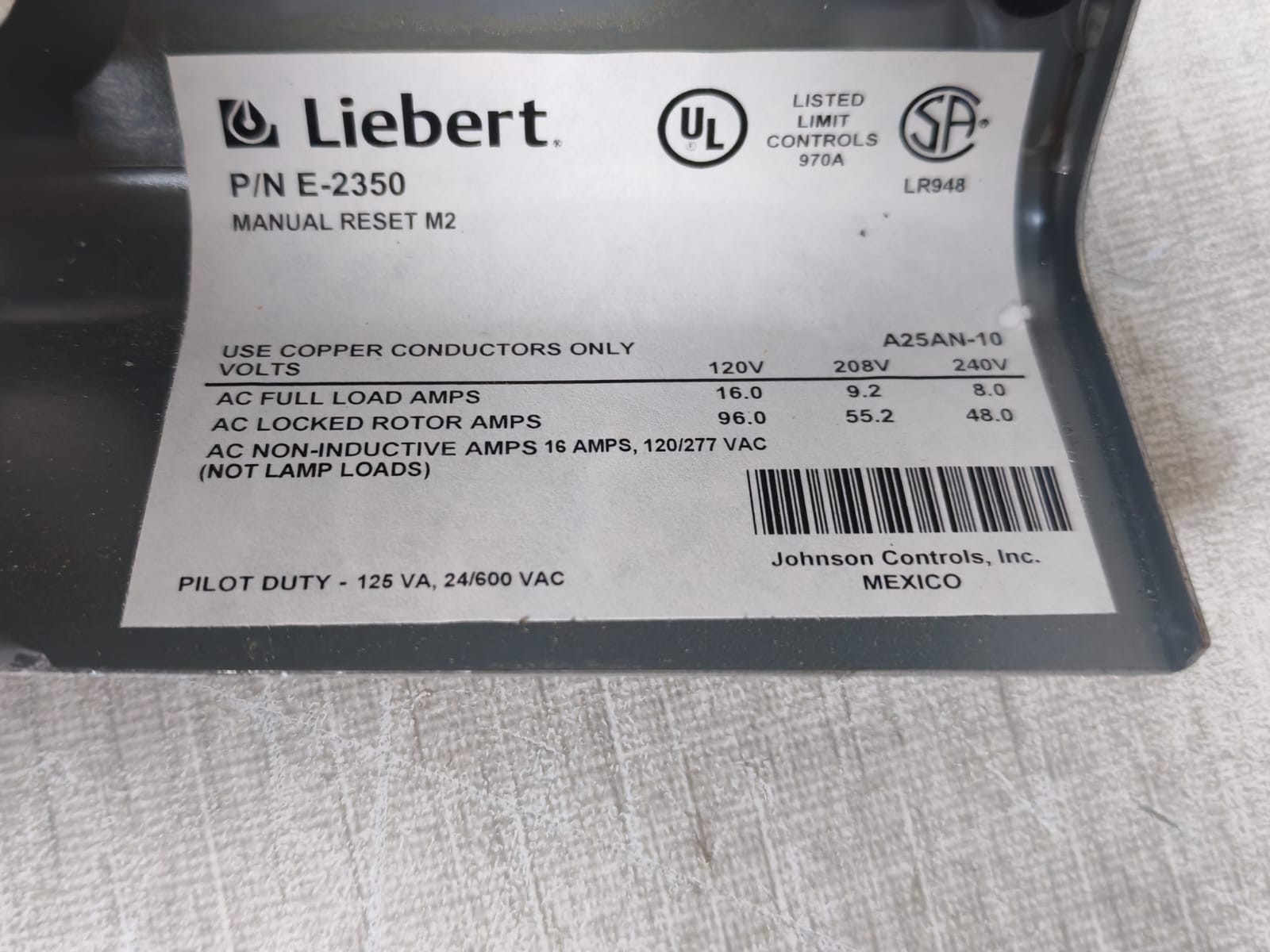 Johnson Controls A25AN10 Johnson Controls A25AN-10 Warm Air Limit Control with Manual Reset 6