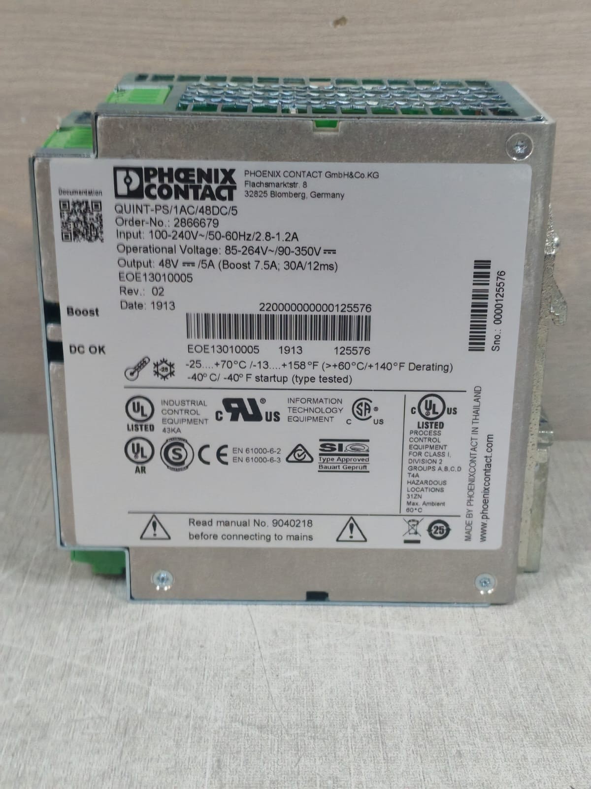 Phoenix Contact QUINT-PS/1AC/48DC/5 2866679 PHOENIX CONTACT QUINT-PS/1AC/48DC/5 2866679 POWER SUPPLY 8