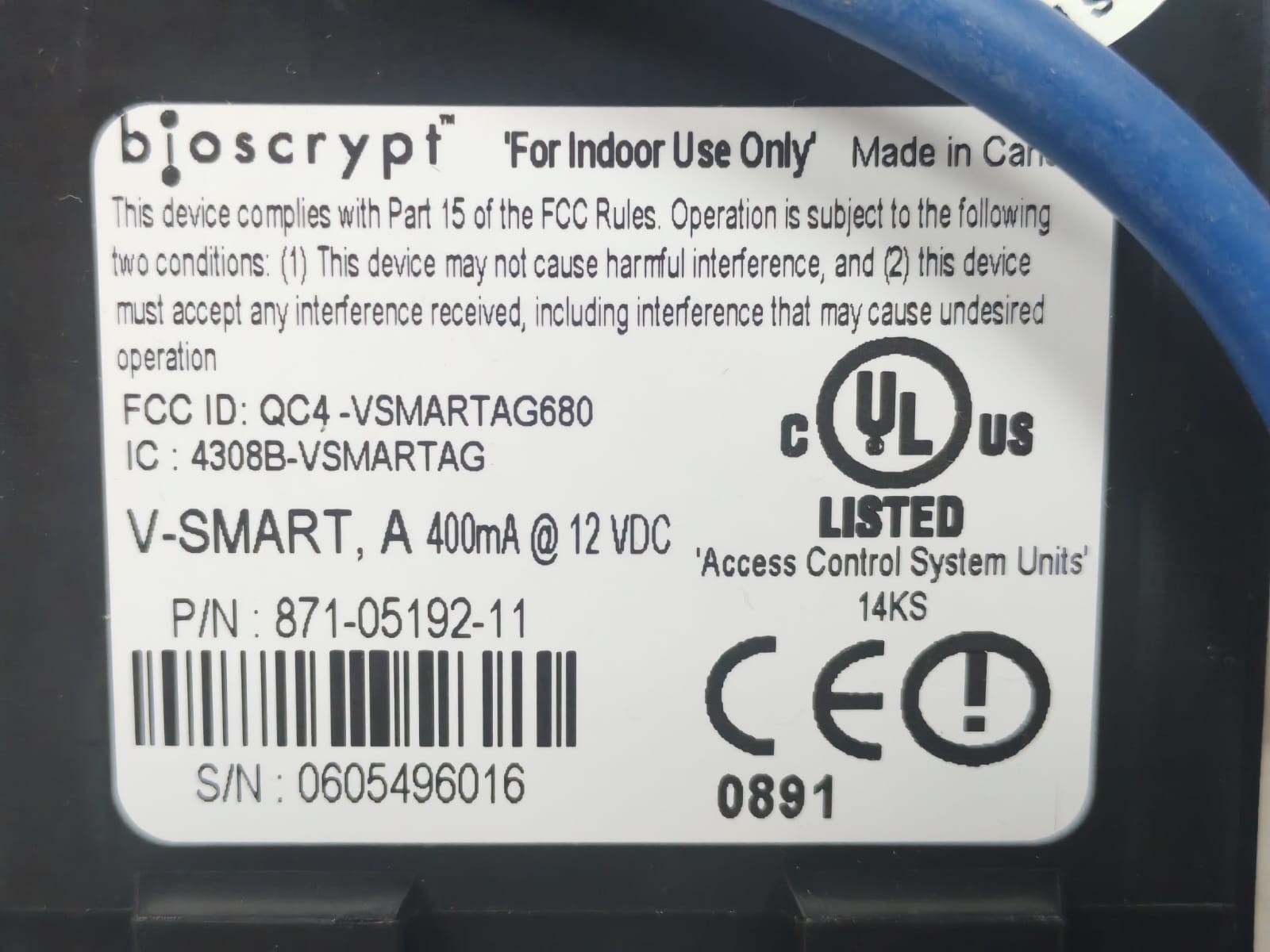 BIOSCRYPT 871-05422-13R /871-05412-11 BIOSCRYPT V-SMART A 871-05422-13R /871-05412-11 ACCESS CONTROL DEVICE 6