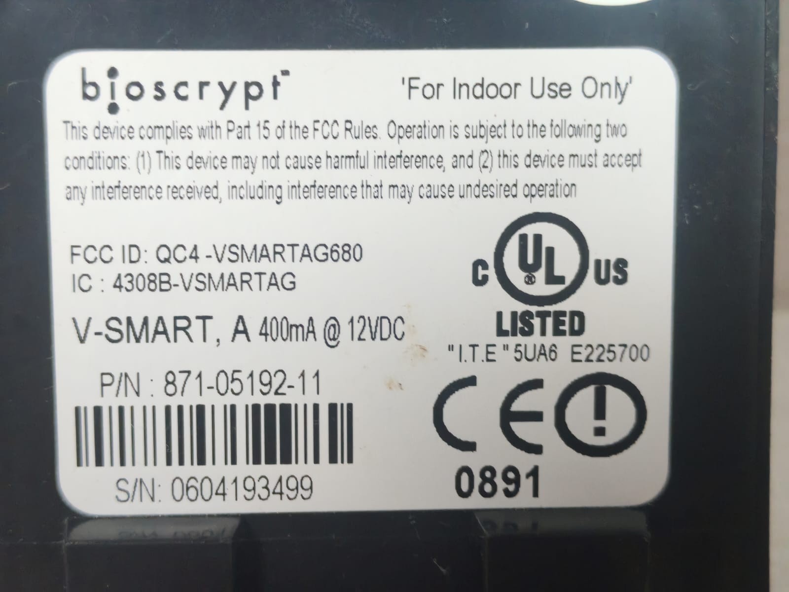 BIOSCRYPT 871-05362-13 /871-05192-11 BIOSCRYPT V-SMART A 871-05362-13 /871-05192-11 ACCESS CONTROL DEVICE 6