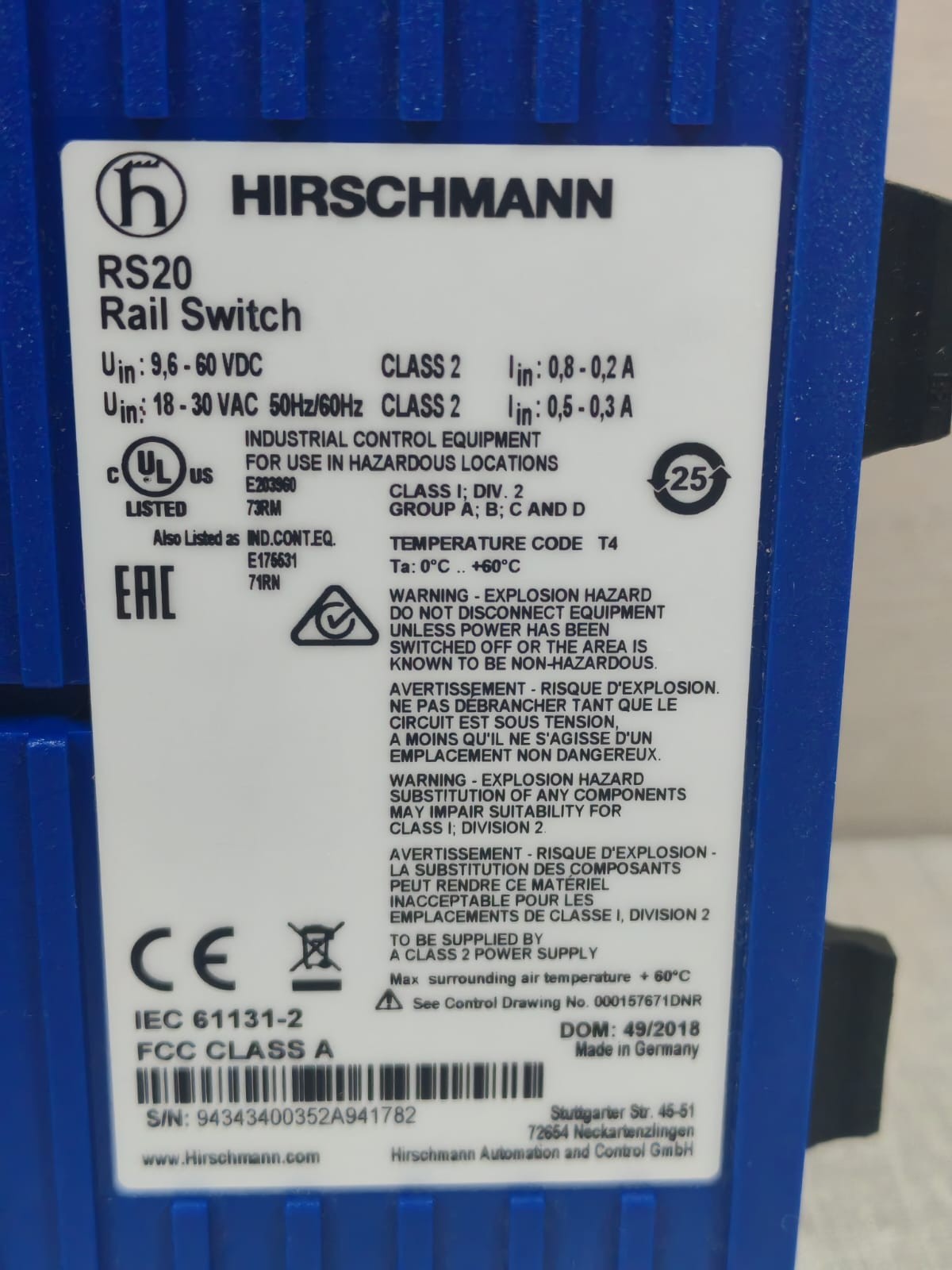 HIRSCHMANN RS20-0800M2MSDAEHH09.0.14 HIRSCHMANN RS20 / RS20-0800M2MSDAEHH09.0.14 RAIL SWITCH 7