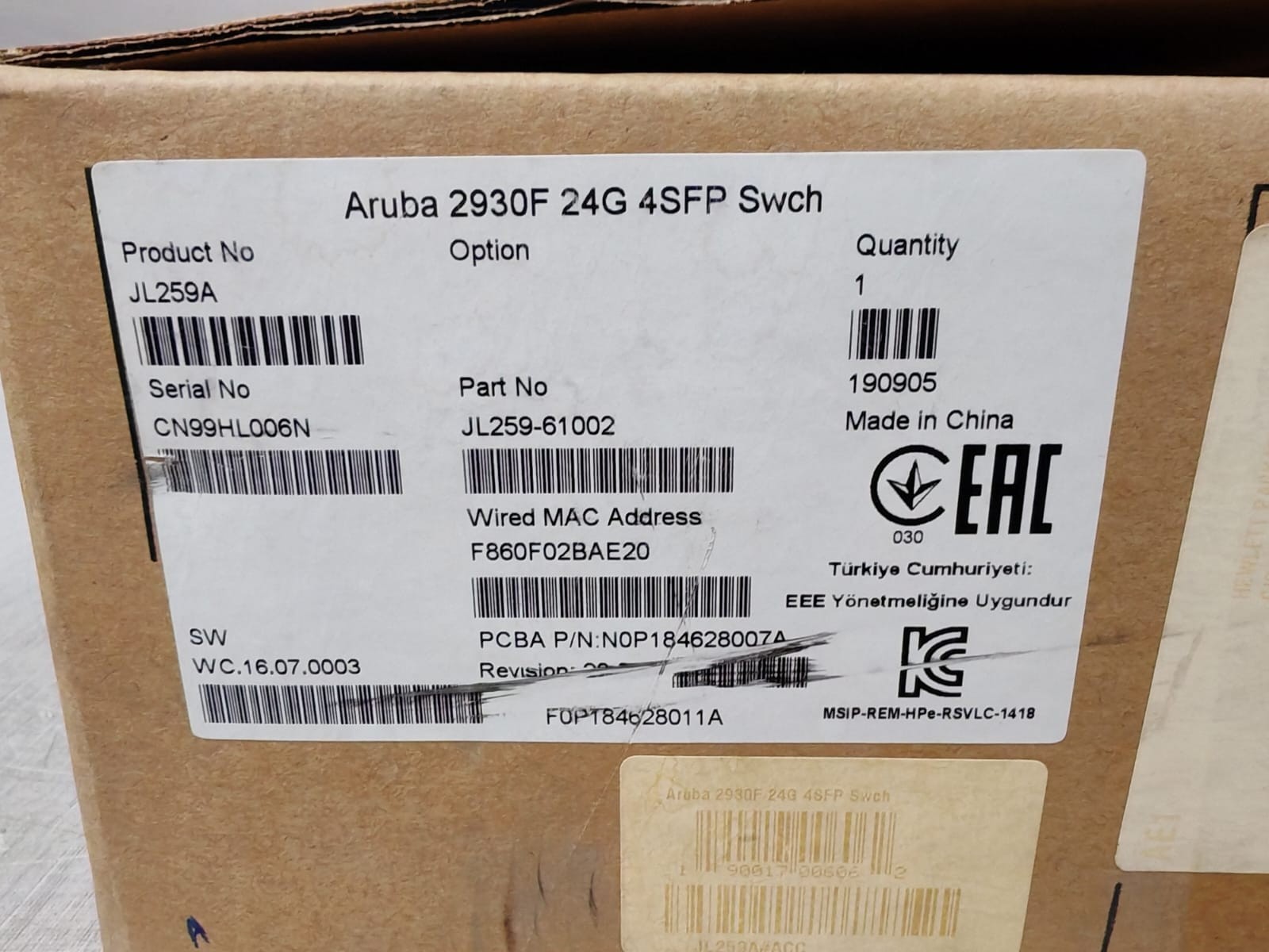 Aruba JL259A/JL259-61002 ARUBA 2930F JL259A/ JL259-61002 24G 4SFP SWITCH PORTS 10