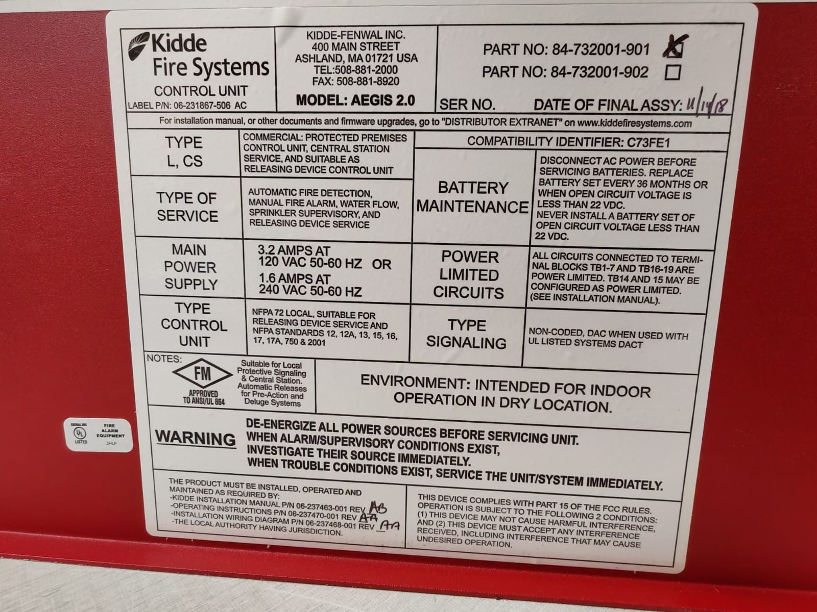Kidde 84-732001-901 KIDDE Fire Sytems AEGIS 2.0 Control Unit 84-732001-901 5