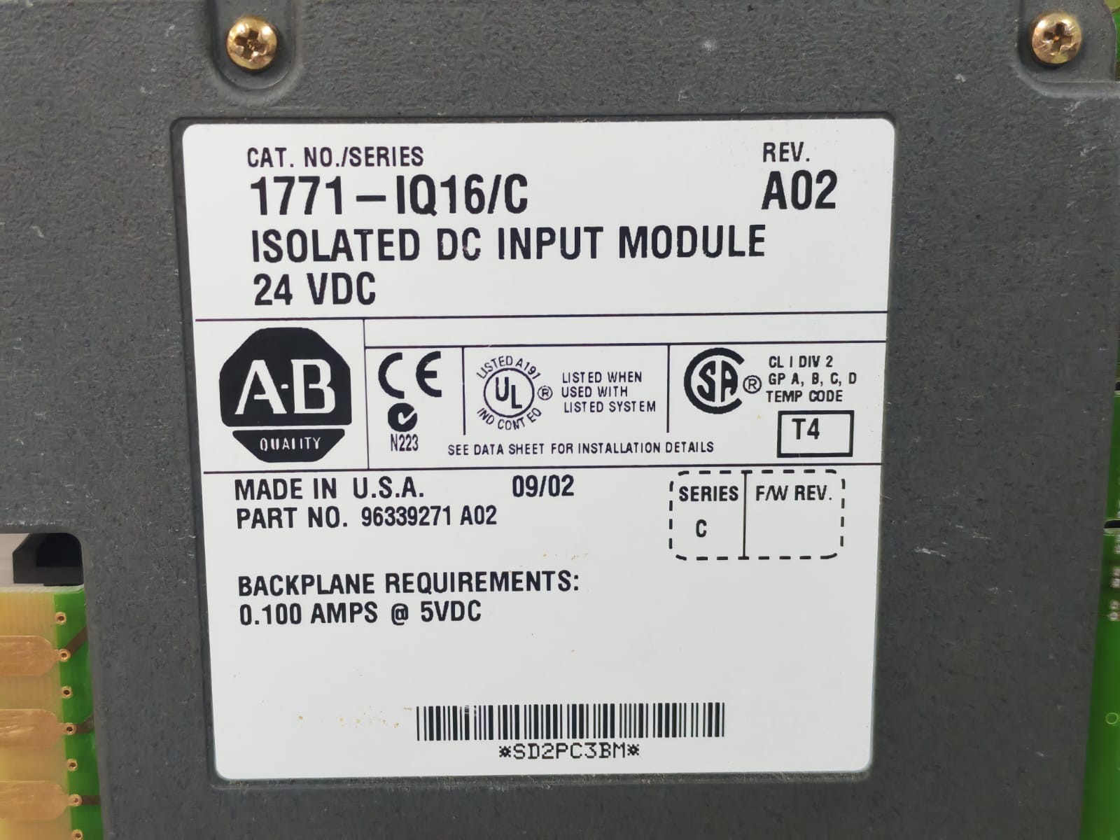 Allen-Bradley 1771-IQ16/C REV.A02 ALLEN BRADLEY 1771-IQ16/C REV.A02 ISOLATED DC INPUT MODULE 24VDC 3