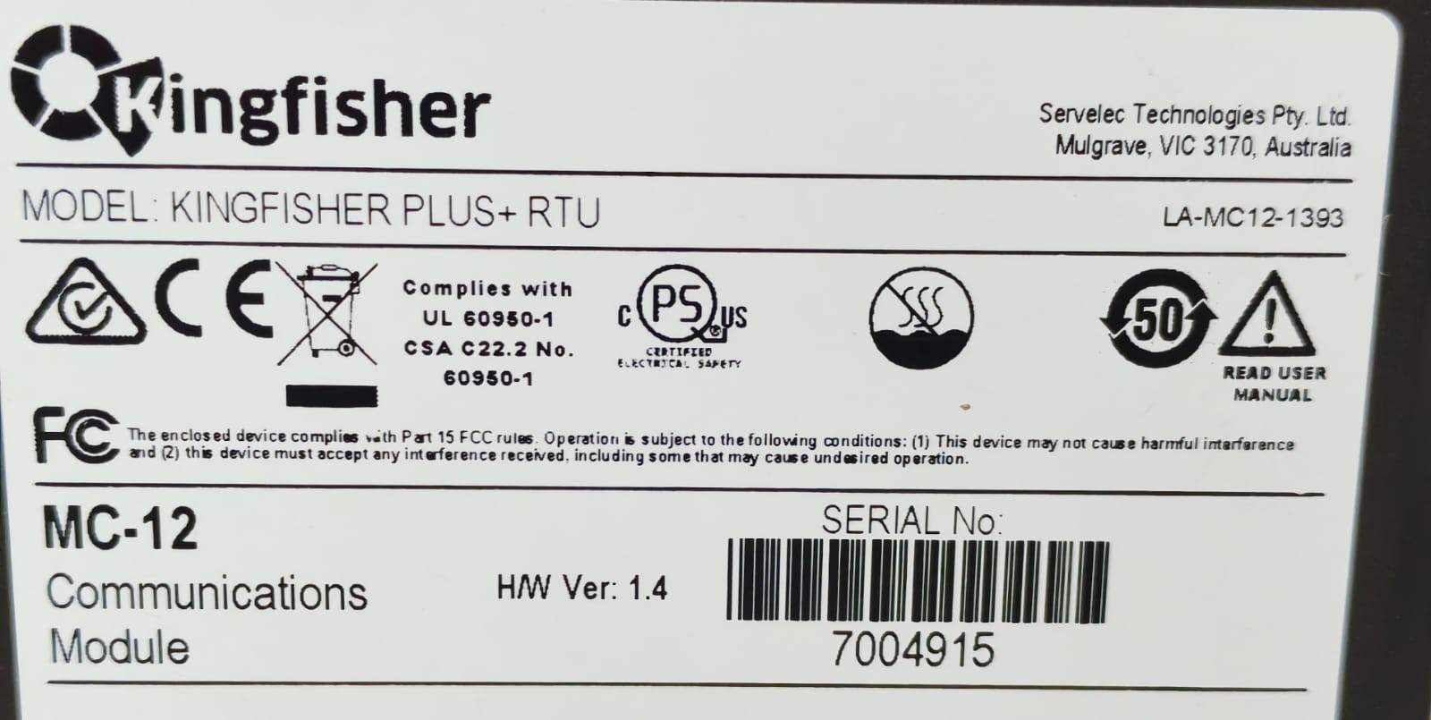 SEMAPHORE KINGFISHER PLUS+RTU MC-12 HW VER.1.4 SEMAPHORE KINGFISHER PLUS+RTU MC-12 HW VER.1.4 COMMUNICATIONS MODULE 5