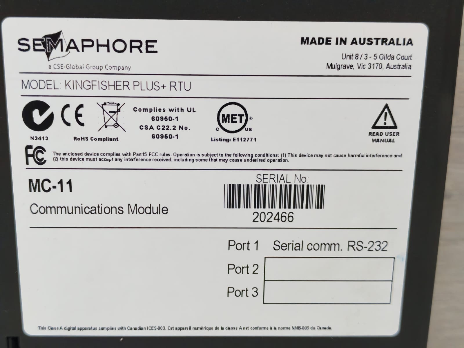 SEMAPHORE KINGFISHER PLUS+RTU MC-11 SEMAPHORE KINGFISHER PLUS+RTU MC-11 COMMUNICATIONS MODULE 6