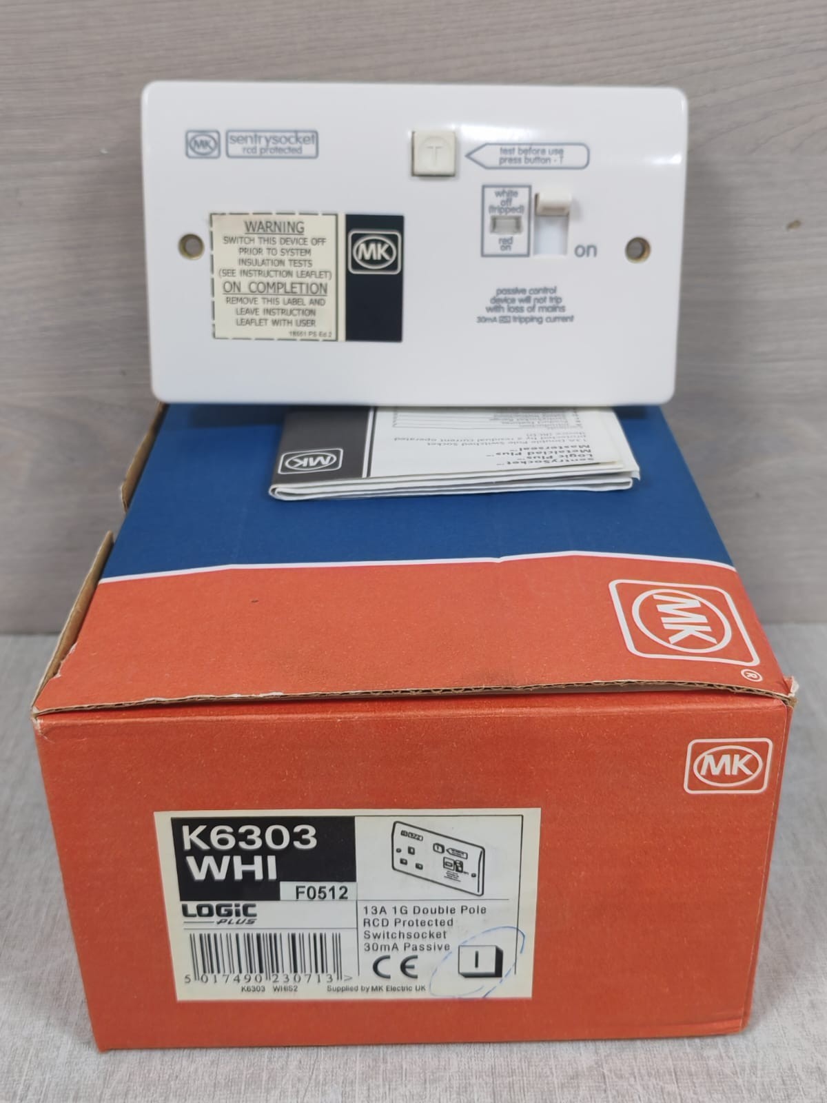 MK K6303 WHI LOGIC PLUS F0512 13A 1G Double Pole RCD Protected Switch Socket