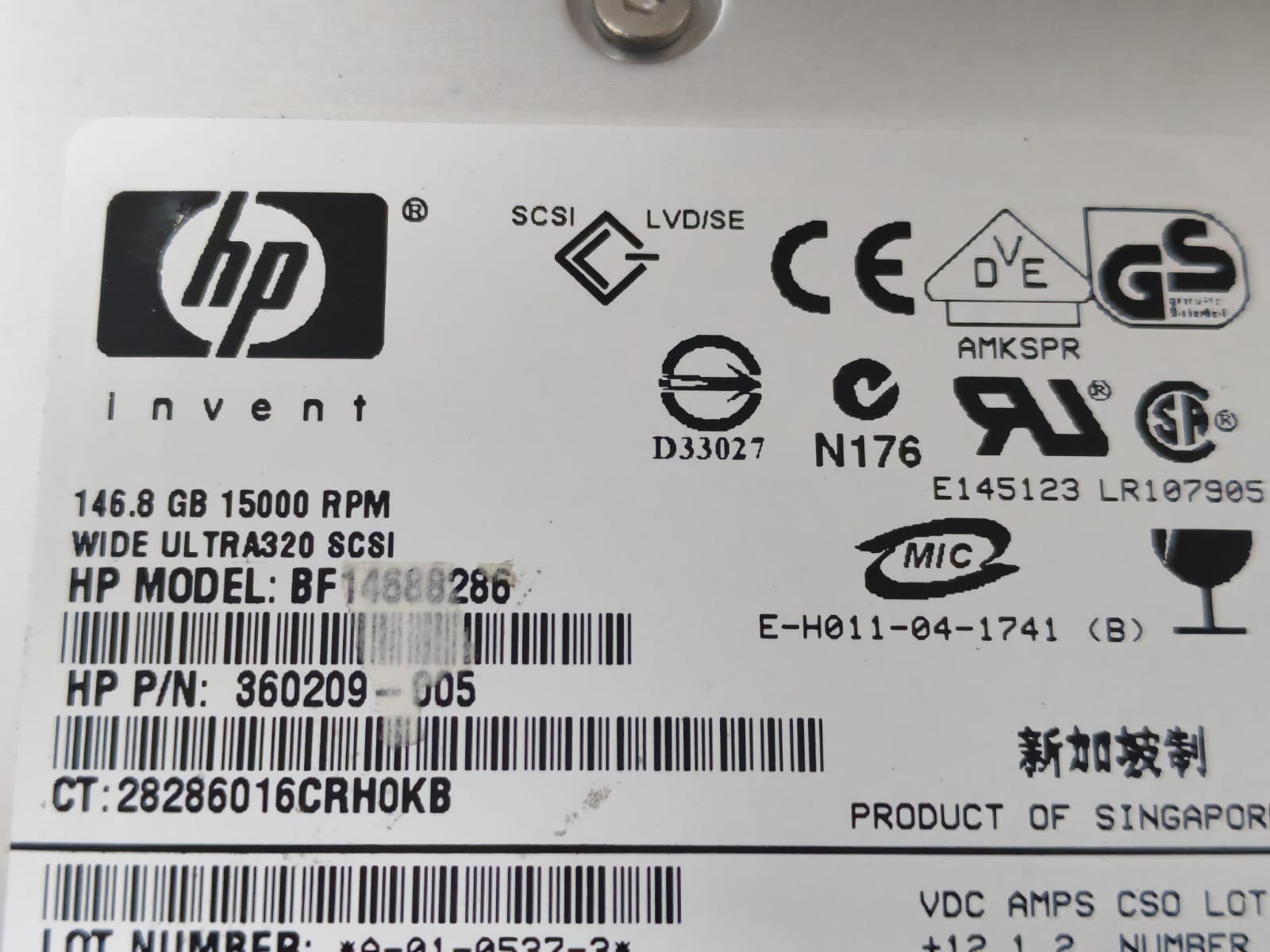 HP BF14688286 360209-005 HP BF14688286 360209-005 146.8GB 15000RPM WIDE ULTRA320 SCSI 5