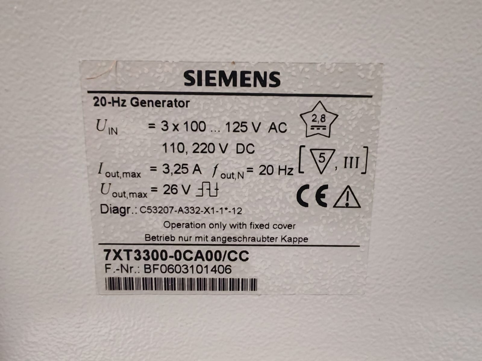 Siemens 7K33000CA00/CC /1P7K33000CA00/CC SIEMENS 7K33000CA00/CC /1P7K33000CA00/CC 20HZ GENERATOR 125VAC 6