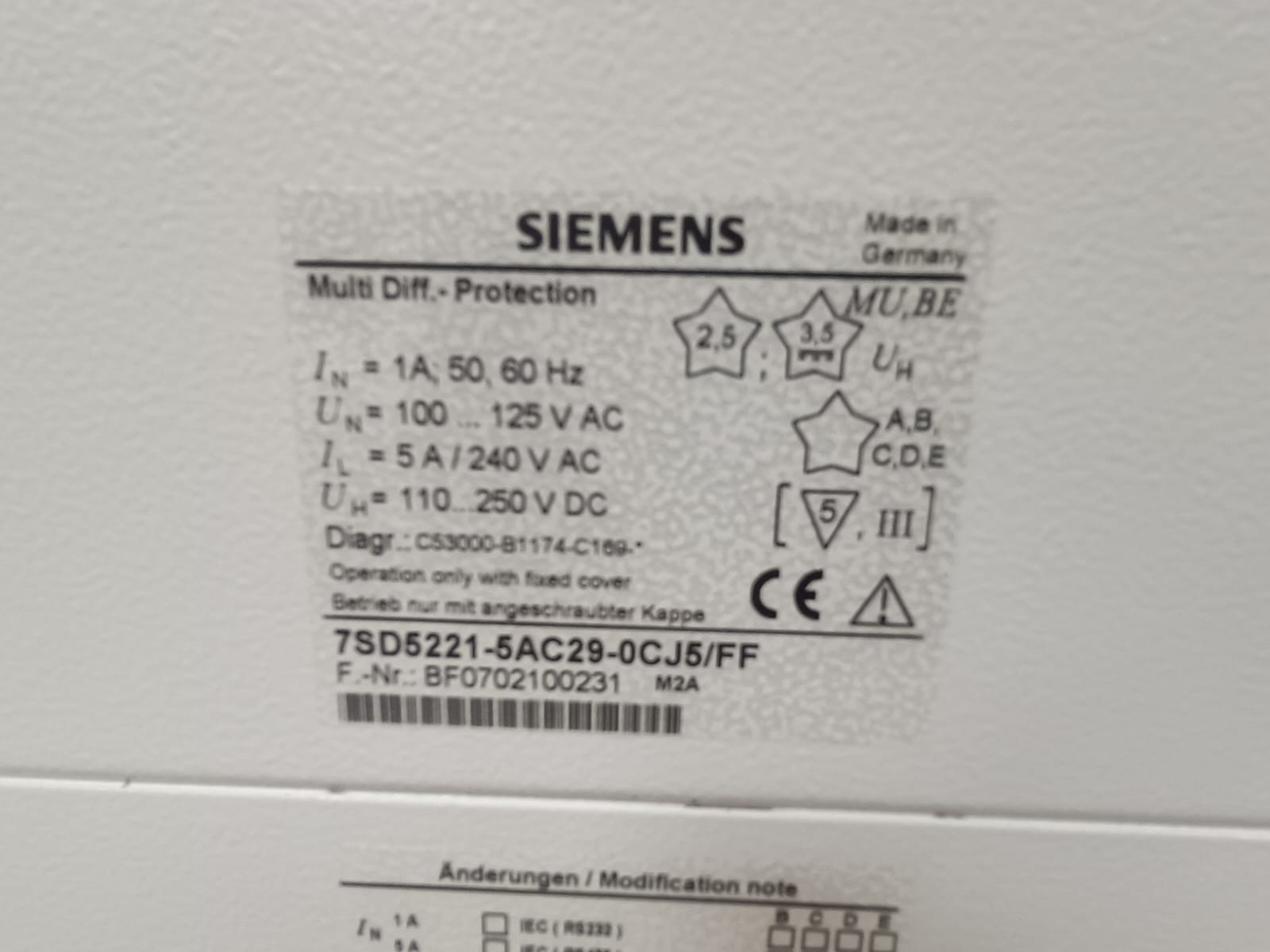 Siemens 7SD5 SIEMENS SIPROTEC 7SD5 7SD5221-5AC29-0CJ5/FF MULTI DIFFERENTIAL PROTECTION RELAY 3