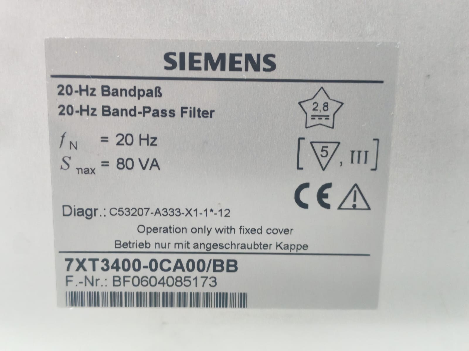 Siemens 7XT3400-0CA00/BB SIEMENS 7XT3400-0CA00/BB 20-Hz BAND-PASS FILTER 80VA 7