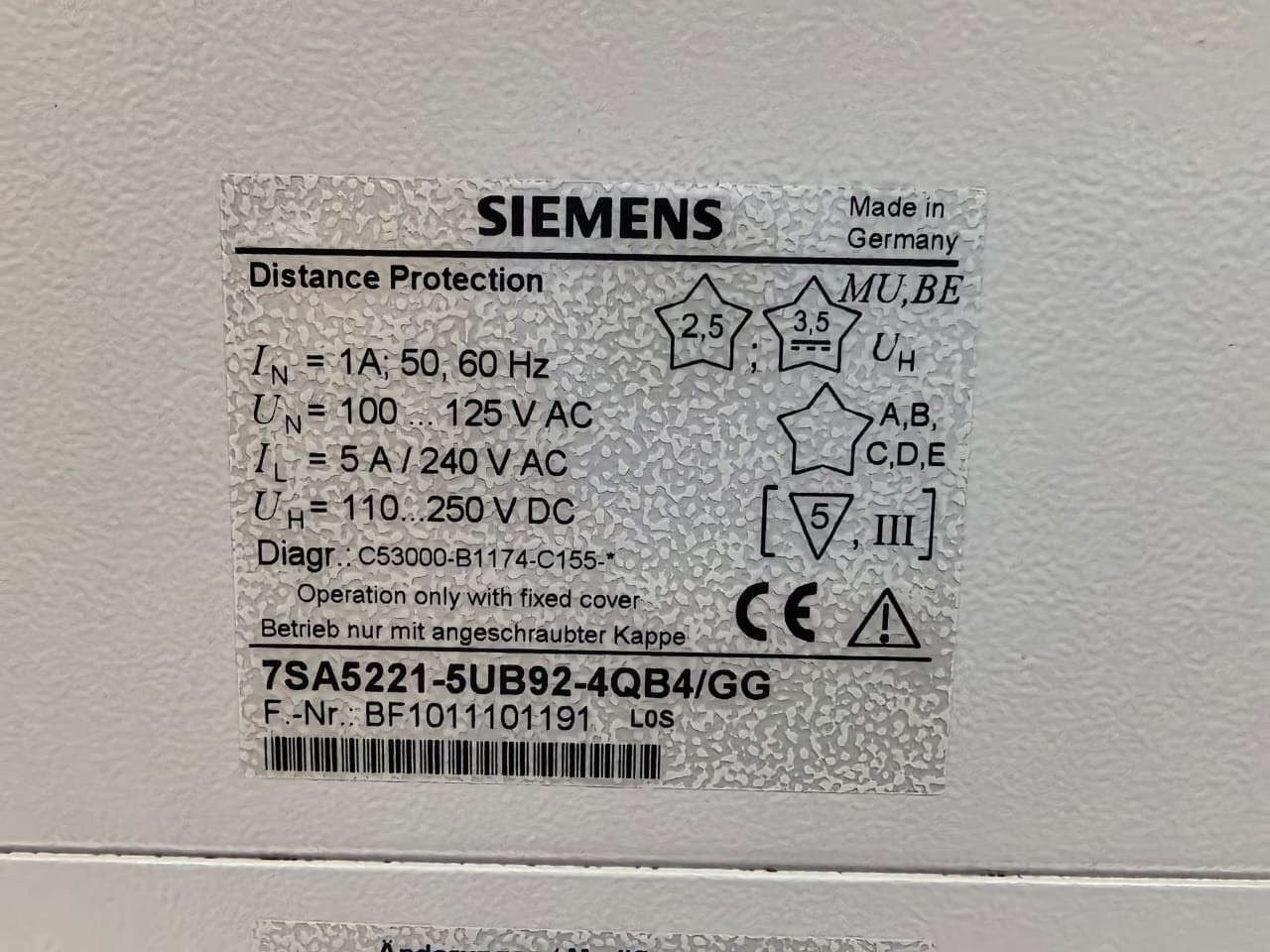Siemens 7SA5221-5UB92-4QB4/GG SIEMENS 7SA5221-5UB92-4QB4/GG SIPROTEC 7SA52 DISTANCE PROTECTION RELAY 5