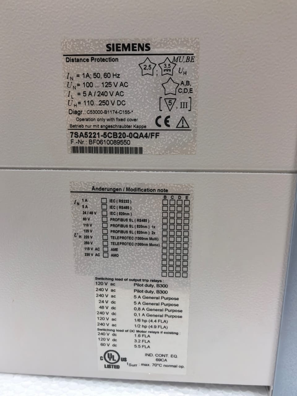 Siemens 7SA5221-5CB20-0QA4/FF SIEMENS 7SA5221-5CB20-0QA4/FF SIPROTEC 7SA52 DISTANCE PROTECTION RELAY 6