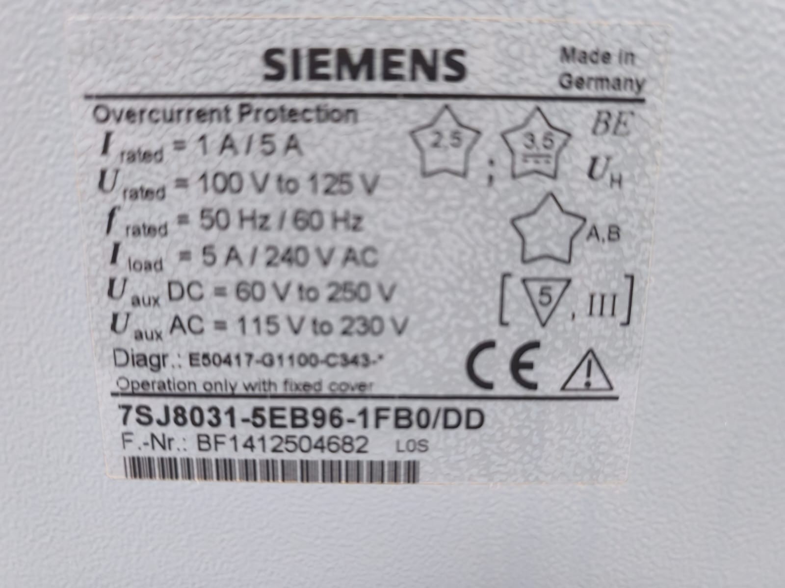 Siemens 7SJ8031-5EB96-1FB0DD SIEMENS 7SJ8031-5EB96-1FB0DD OVERCURRENT PROTECTION 9