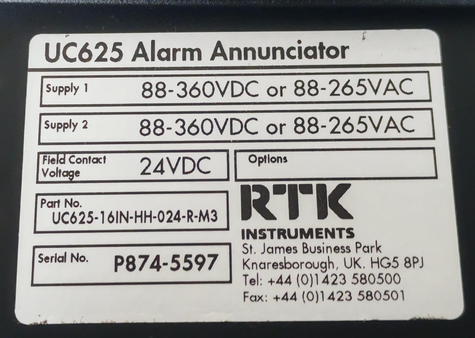 RTK Instruments UC625-16IN-HH-024-R-M3 RTK INSTRUMENTS UC625 / UC625-16IN-HH-024-R-M3 ALARM ANNUNCIATOR 24VDC 8