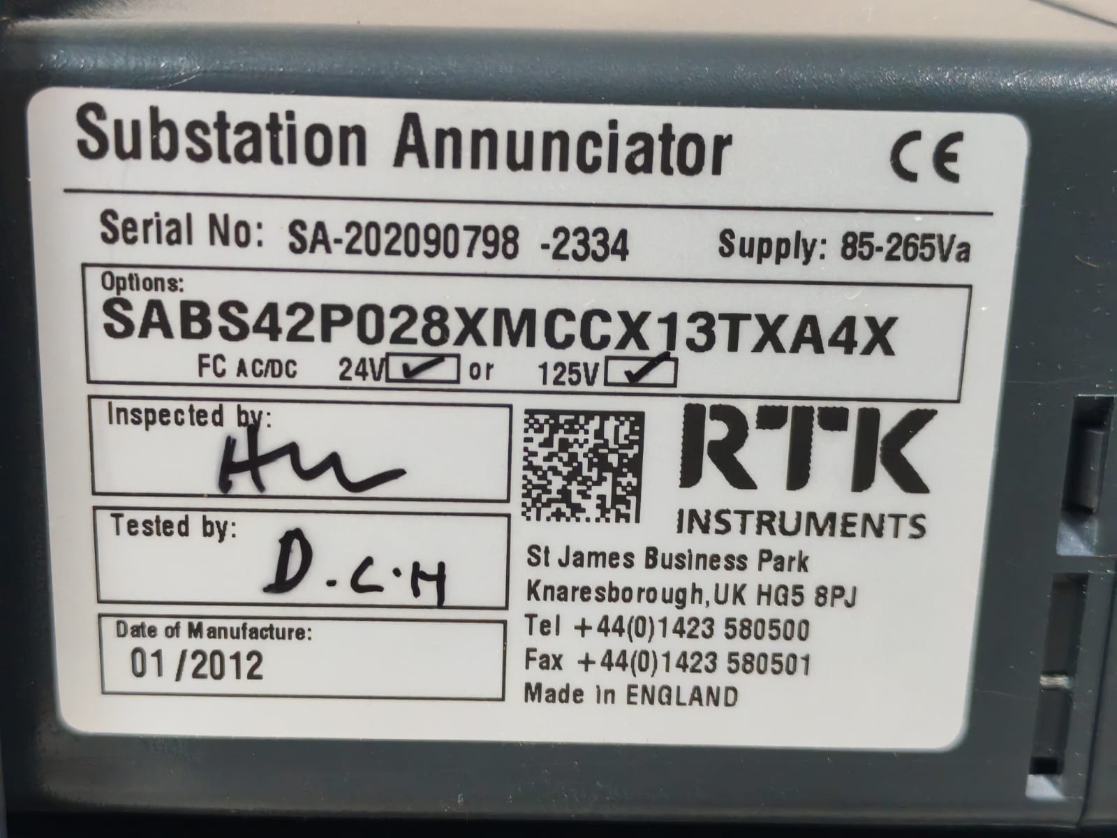 RTK Instruments SABS42P08XMCCX13TXA4X RTK INSTRUMENTS SABS42P08XMCCX13TXA4X SUBSTATION ANNUNCIATOR 8