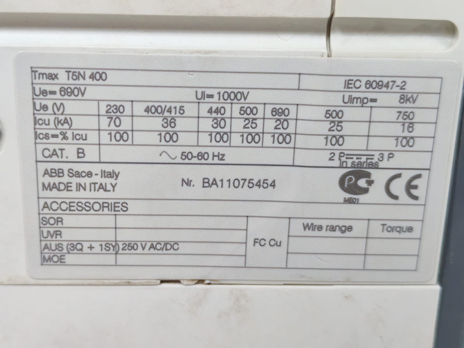 ABB BREAKER690V ABB SACE TMAX T5N 400 CIRCUIT BREAKER 690V 6