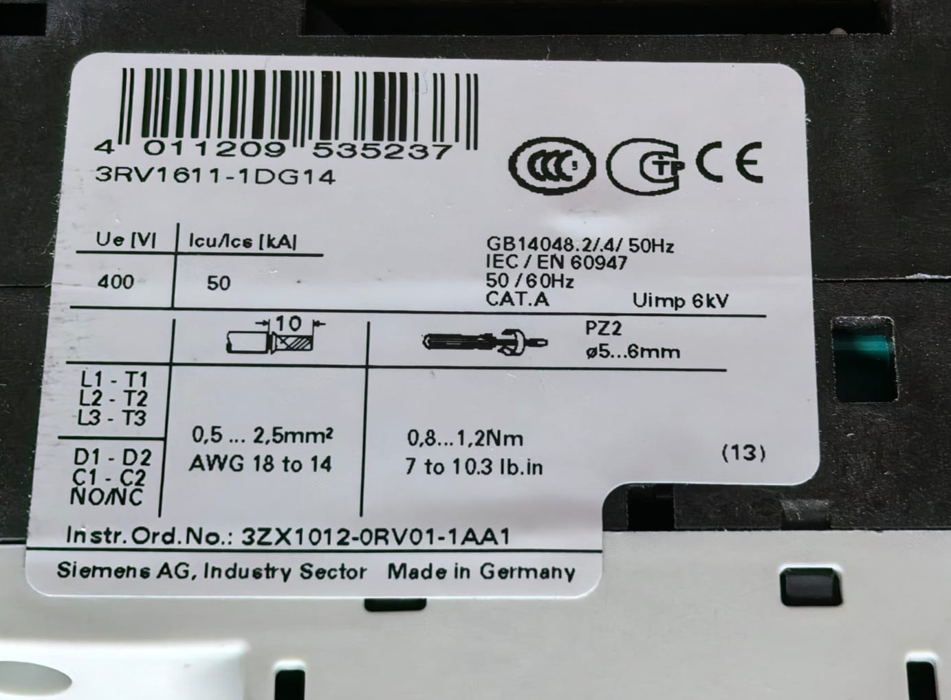 Siemens 3RV1611-1DG14 SIEMENS 3RV1611-1DG14 SIRIUS VOLTAGE TRANSFORMER CIRCUIT-BREAKERS 7