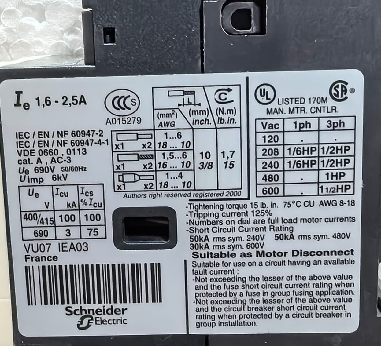 Schneider Electric GV2ME07 TELEMECANIQUE GV2ME07 MOTOR CIRCUIT BREAKER 1.6-2.5A 4