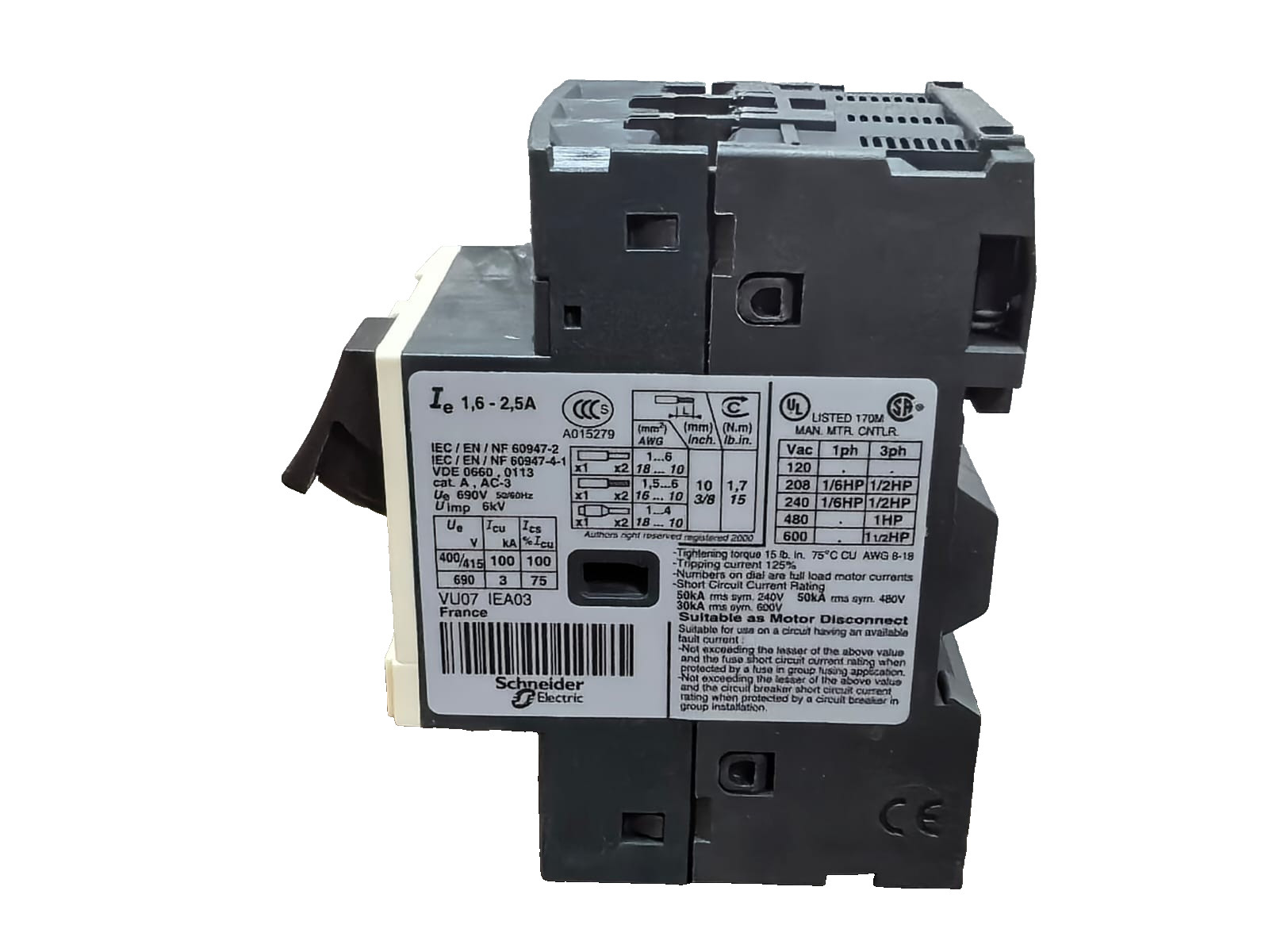 Schneider Electric GV2ME07 TELEMECANIQUE GV2ME07 MOTOR CIRCUIT BREAKER 1.6-2.5A 5