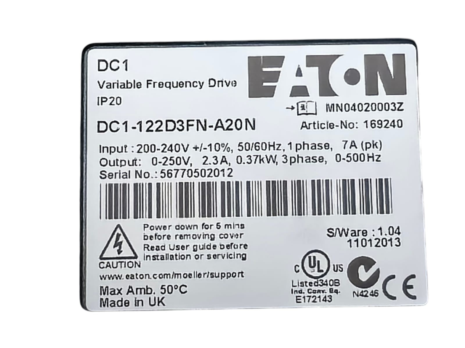 Eaton DC1-122D3FN-A20N EATON DC1-122D3FN-A20N DC1 VARIABLE FREQUENCY DRIVE 2
