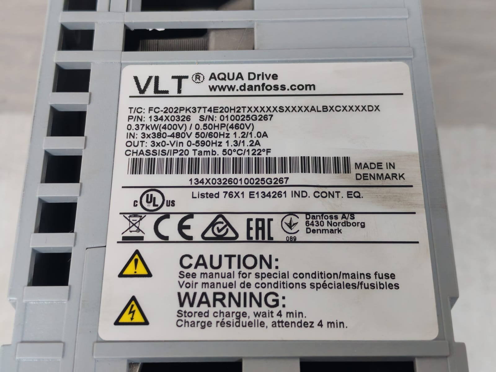 Danfoss 134X0326 DANFOSS VLT AQUA DRIVE 134X0326 0.37KW 400V 9