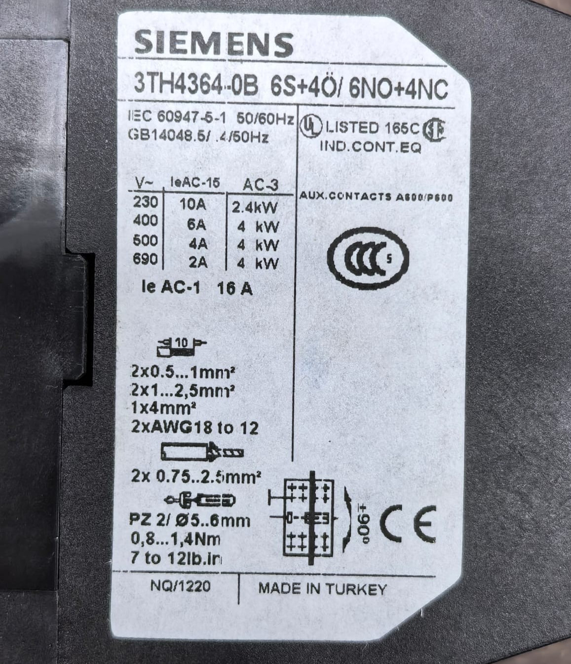 Siemens 3TH4364-0B SIEMENS 3TH4364-0B AUXILIARY CONTACTOR RELAY 6S+4O/6NO+4NC 4