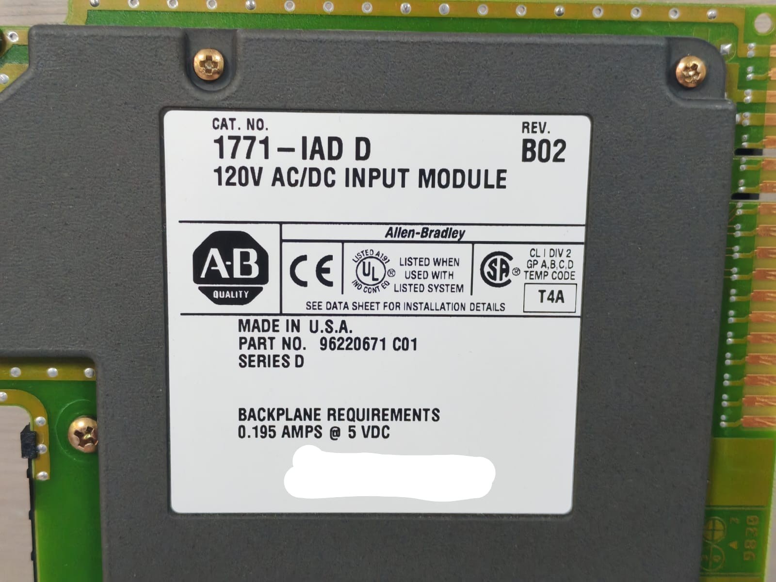 Allen-Bradley 96220671 C01 ALLEN BRADLEY 1771-IAD D REV.B02 96220671 C01 INPUT MODULE 120VAC/DC 3