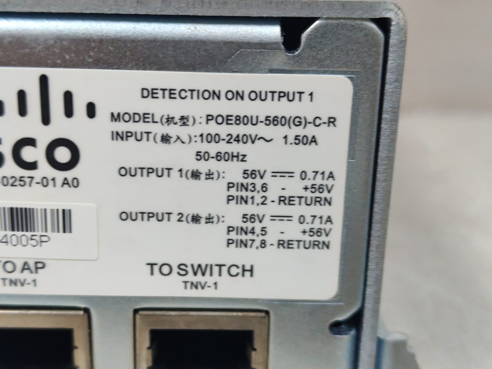 Cisco POE80U-560(G)C-R 341-0257-01 A0 CISCO POE80U-560(G)C-R 341-0257-01 A0 POWER INJECTOR 100-240V 3