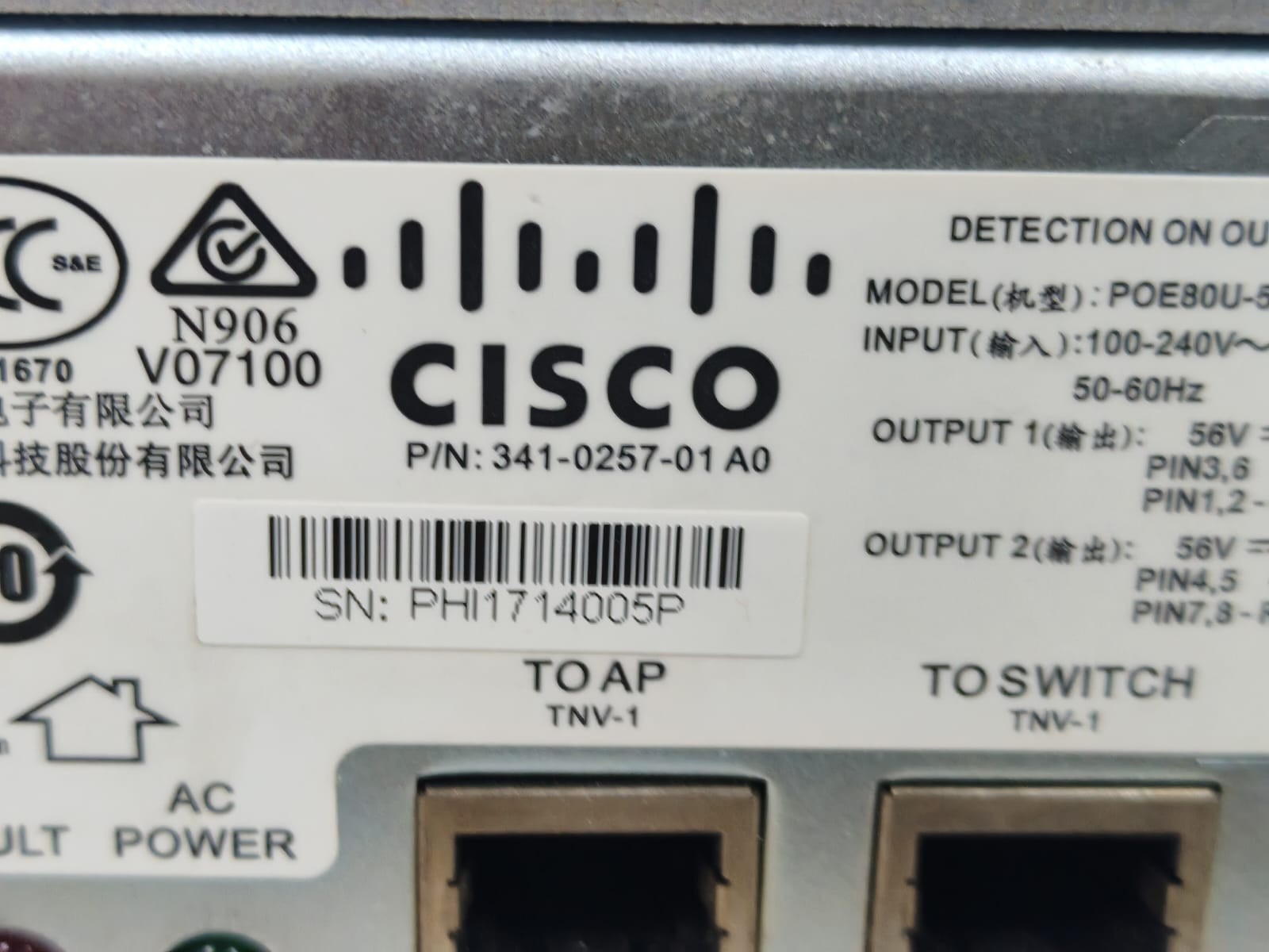 Cisco POE80U-560(G)C-R 341-0257-01 A0 CISCO POE80U-560(G)C-R 341-0257-01 A0 POWER INJECTOR 100-240V 4