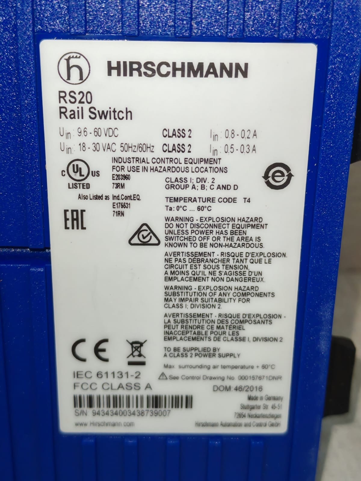 HIRSCHMANN RS20-0800M2MSDAEHH09.0.04 HIRSCHMANN RS20 / RS20-0800M2MSDAEHH09.0.04 RAIL SWITCH 9