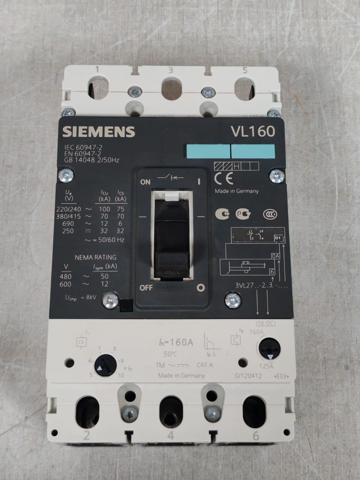 Siemens VL160 3VL2716-2AA36-0AA0 SIEMENS VL160/ VL160H 3VL2716-2AA36-0AA0 MOLDED CASE CIRCUIT BREAKER 6