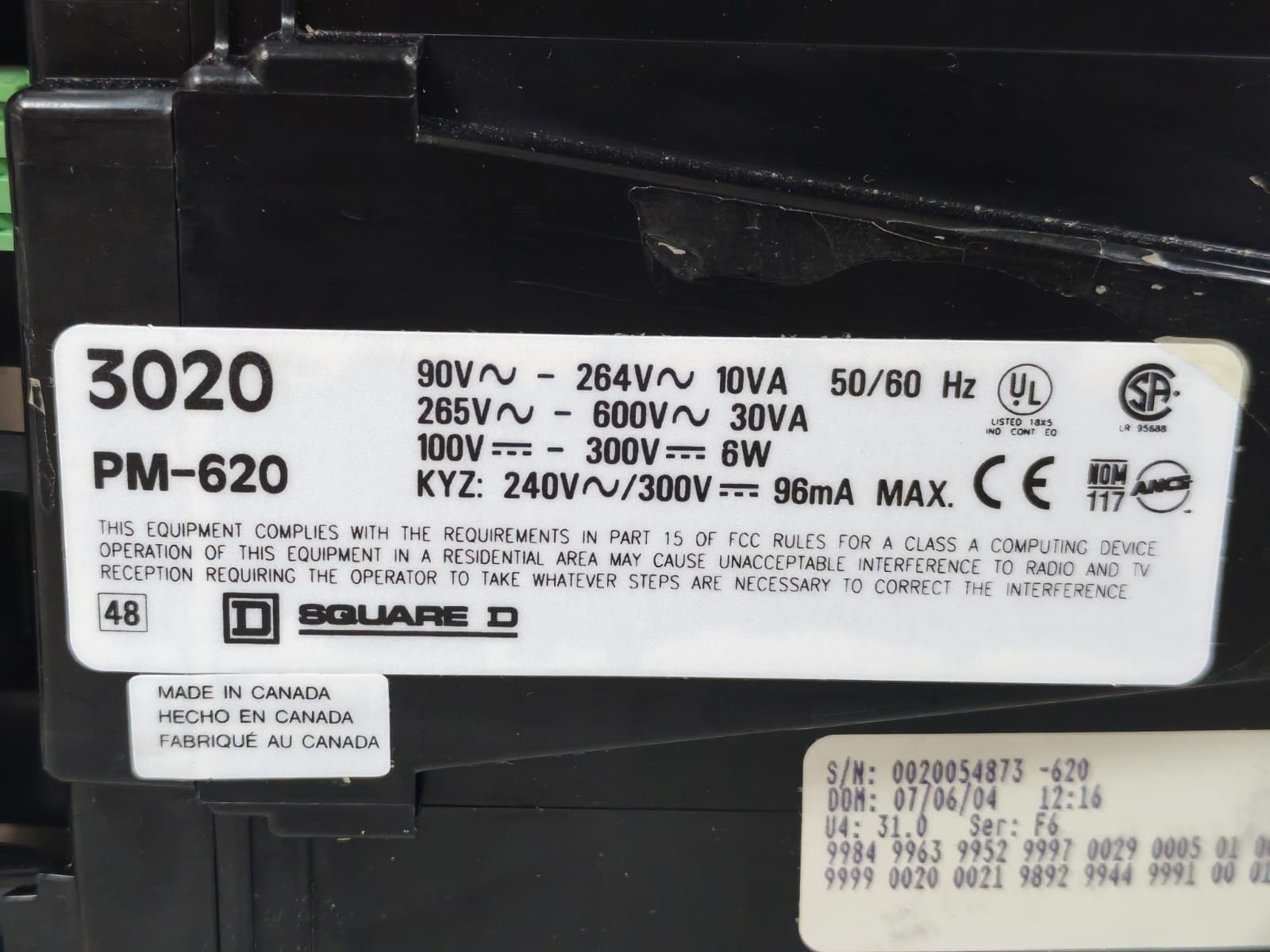 Square D 3020 PM-620 SQUARE D POWERLOGIC 3020 PM-620 POWER METER 90VAC-264VAC 7
