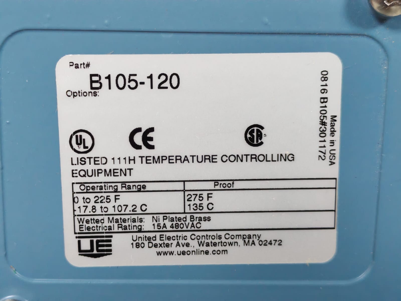 United Electric Controls B105 -120 UNITED ELECTRIC CONTROLS B105-120 TEMPERATURE CONTROLLING 0-225F 4