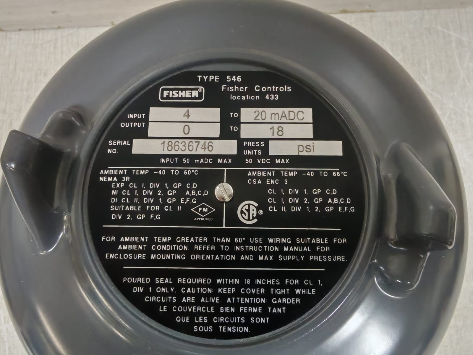 FISHER CONTROLS TYPE 546 FISHER CONTROLS TYPE 546 ELECTRO-PNEUMATIC TRANSDUCER 20MADC 3